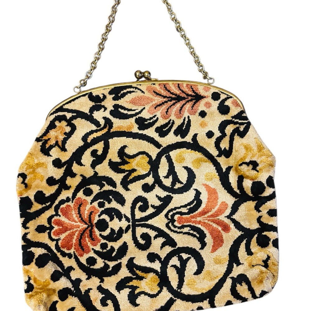 Vintage-Inspired Floral Tapestry Evening Bag - Cream and Black